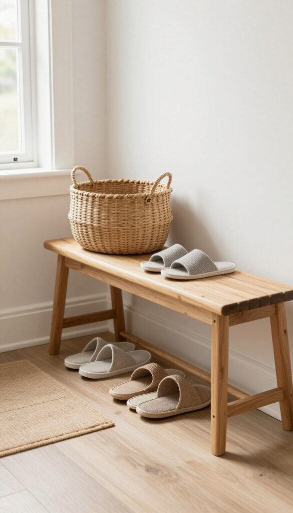 A welcoming entryway with a no-shoes policy setup, featuring a bench, shoe rack, and slippers in a basket.