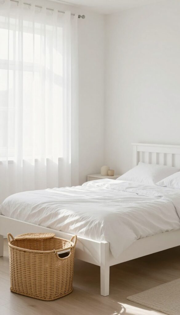 A tidy bedroom featuring a woven laundry hamper with a lid, placed neatly in the corner, contributing to a clutter-free and serene atmosphere.