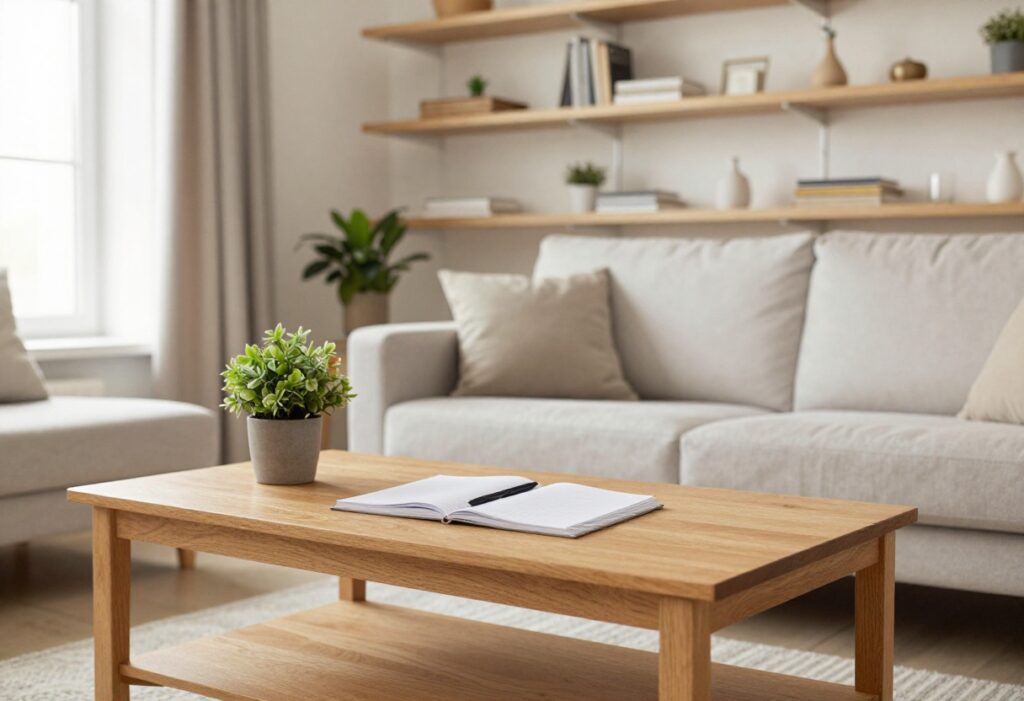 Open cleaning planner on a coffee table in a tidy living room with natural light