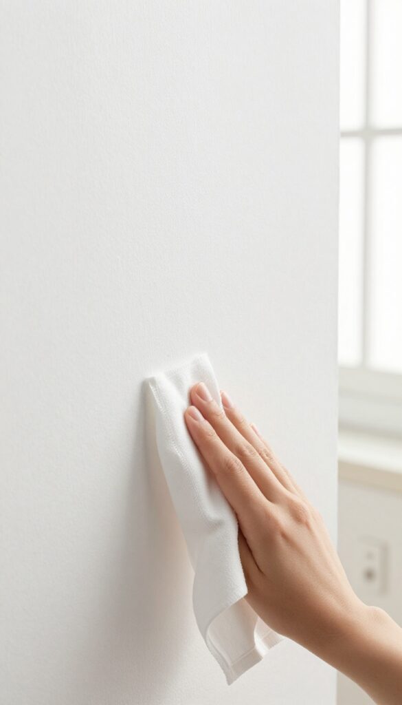 Hand using a baby wipe to clean a scuff mark on a white wall near a light switch, bright natural light, clean composition.