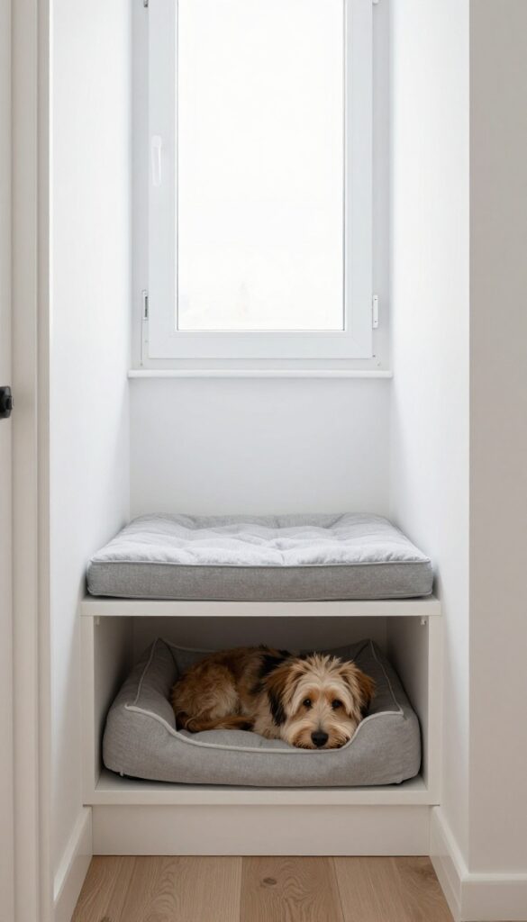 Floating bench with cushion and built-in dog bed cubby in a bright entryway