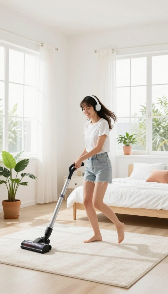 Woman dancing while vacuuming in a bright, cheerful bedroom