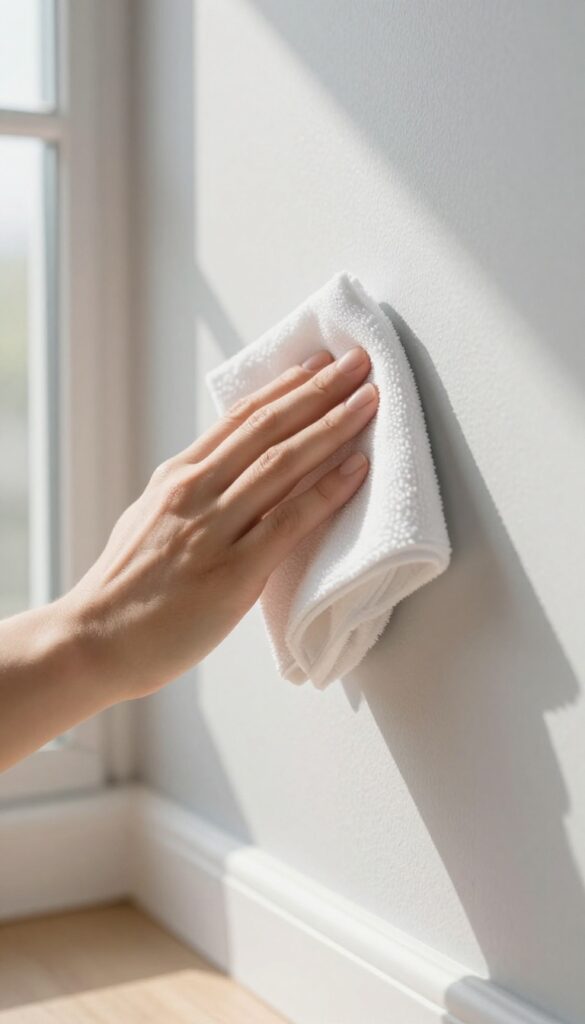 Hand wiping a wall with a microfiber cloth from bottom to top, bright natural light, streak-free clean wall