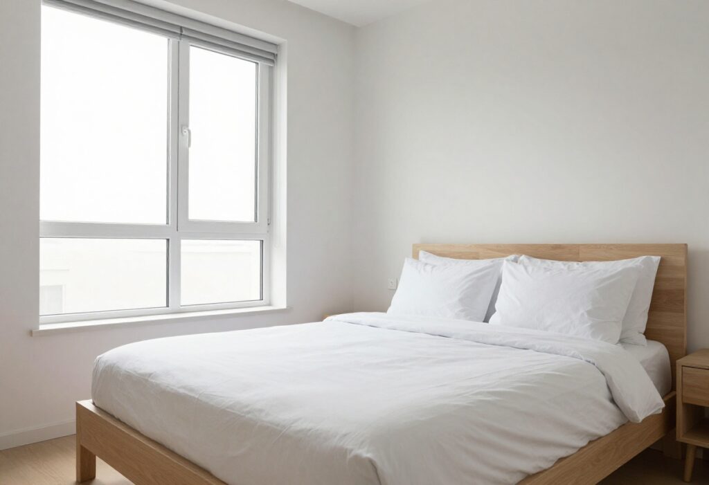 A clean and organized bedroom with a made bed, minimal decor, and soft natural lighting.