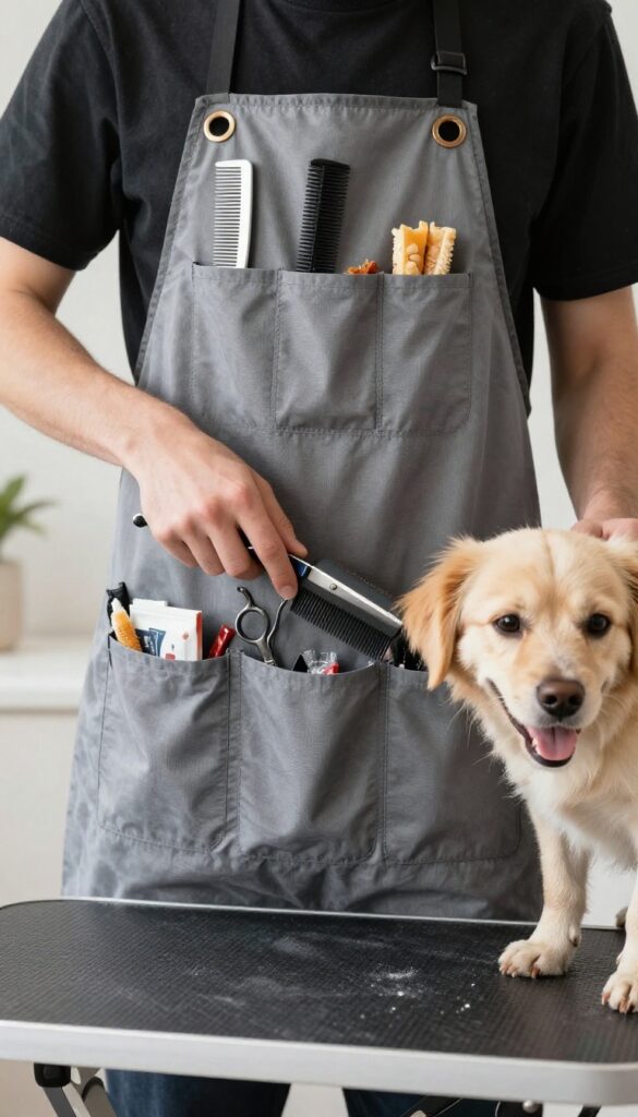 Person wearing a grooming apron with tools in pockets, brushing a dog in a bright home grooming area.