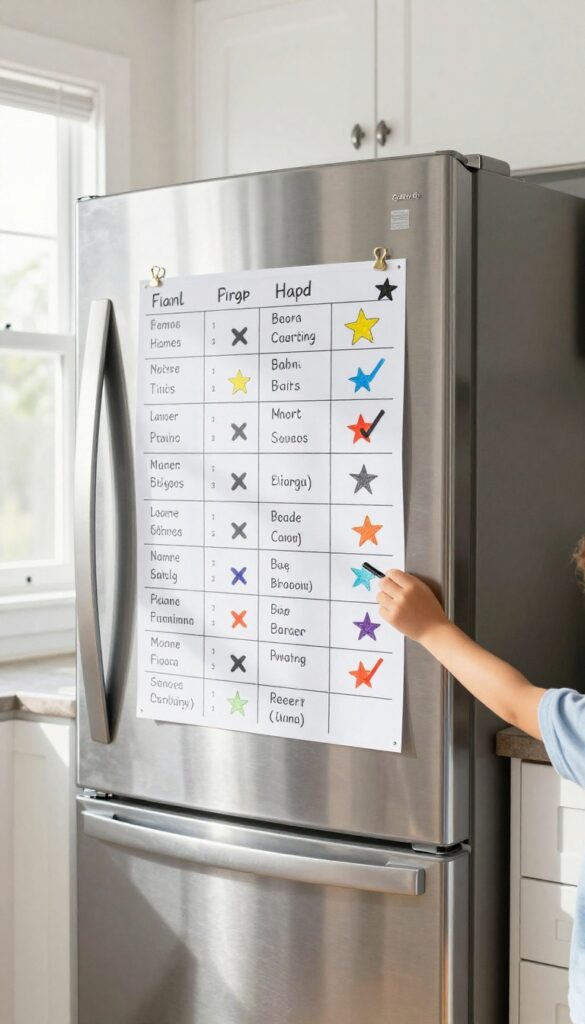 A family chore chart on a refrigerator with magnets and stickers, a child's hand adding a star sticker.