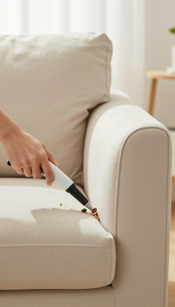 Person vacuuming crumbs from sofa crevice with crevice tool attachment