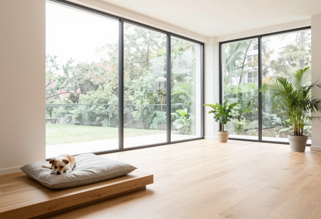 Modern dog bed in a bright urban living room with a small dog resting on it.