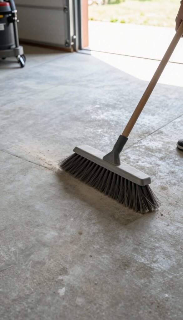 Person sweeping loose dirt from concrete garage floor with stiff broom