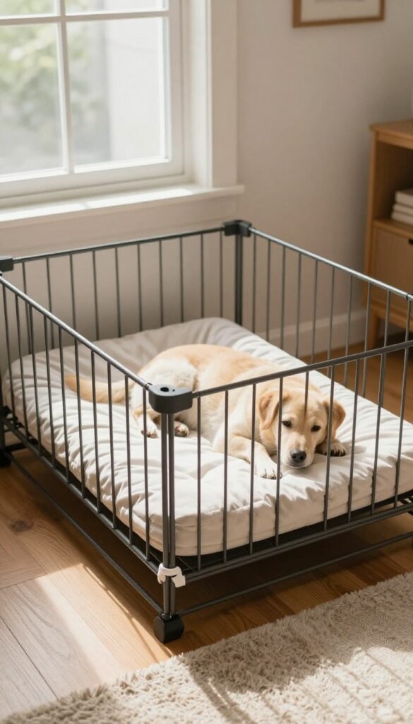 Dog lying on a crib mattress inside a wire crate, with elastic straps securing the corners.