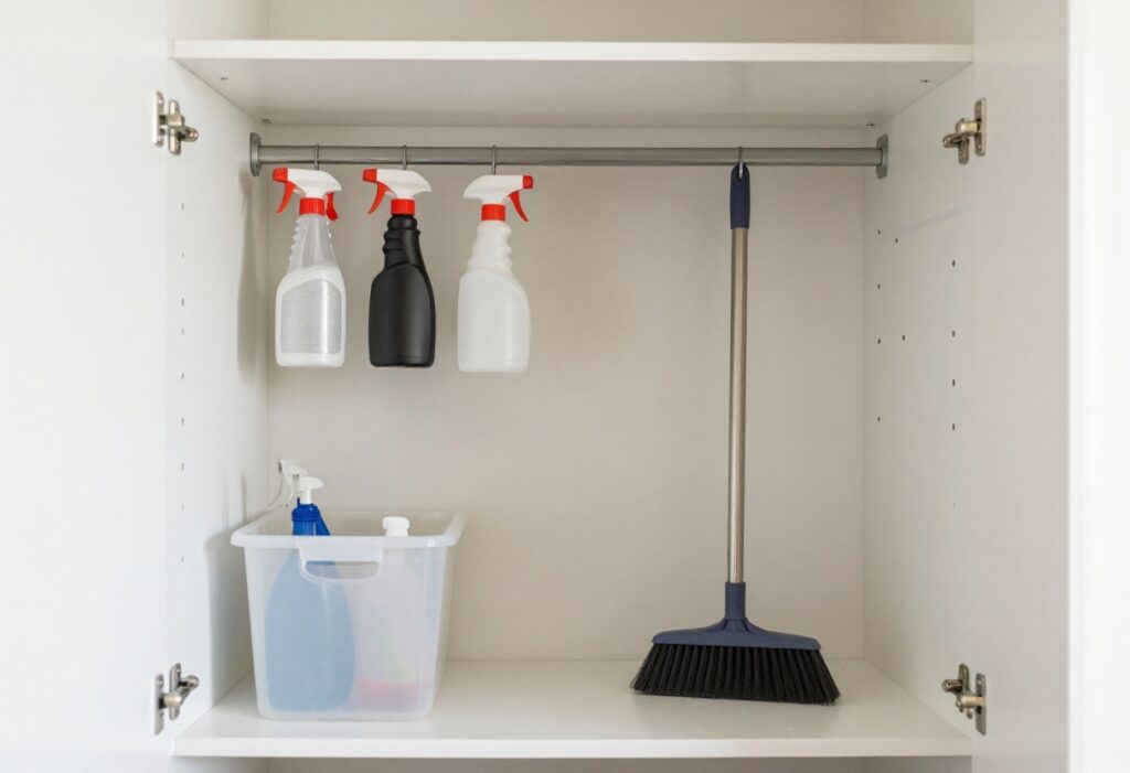 Organized cleaning supply closet with shelves, bins, and hanging tools