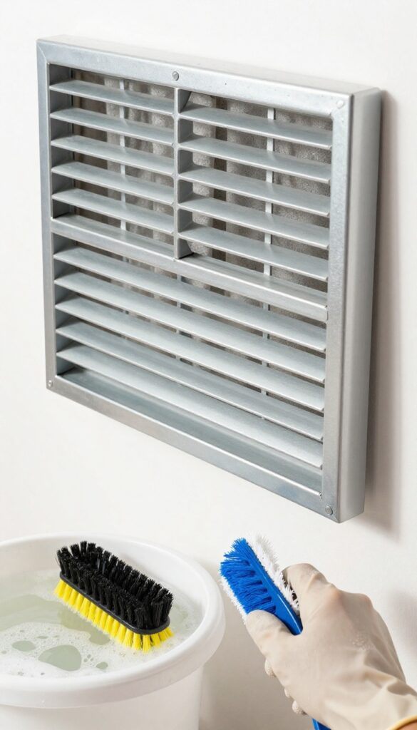 Hand holding a clean vent cover over a bucket of soapy water with a scrub brush nearby