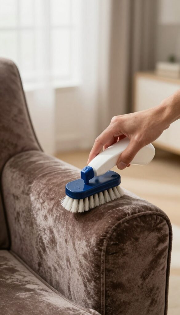 Professional cleaner's hand with solvent and brush over a velvet armchair stain
