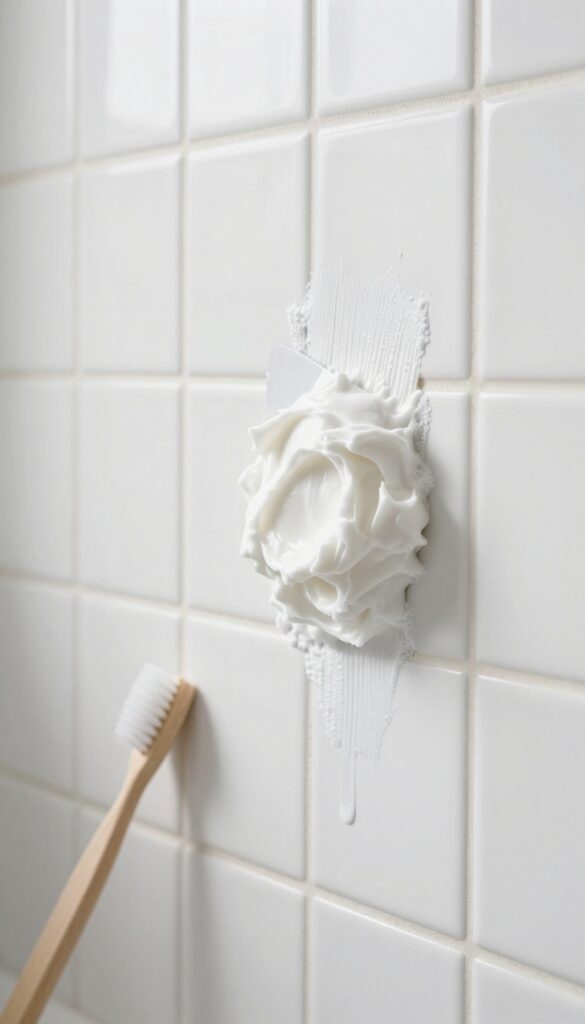 Applying baking soda paste to shower grout lines with a spatula, toothbrush nearby