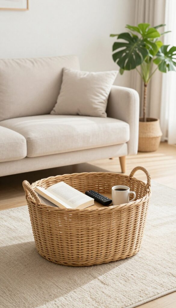 A basket filled with misplaced items on a coffee table in a tidy, sunlit living room.
