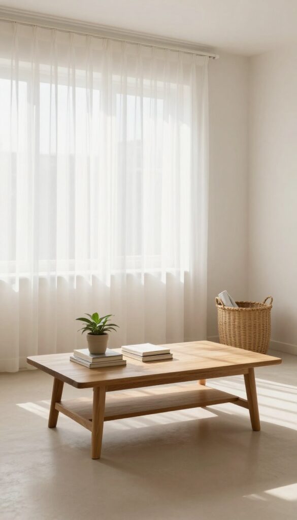 A clutter-free living room with a coffee table, plant, and basket, bathed in natural light.
