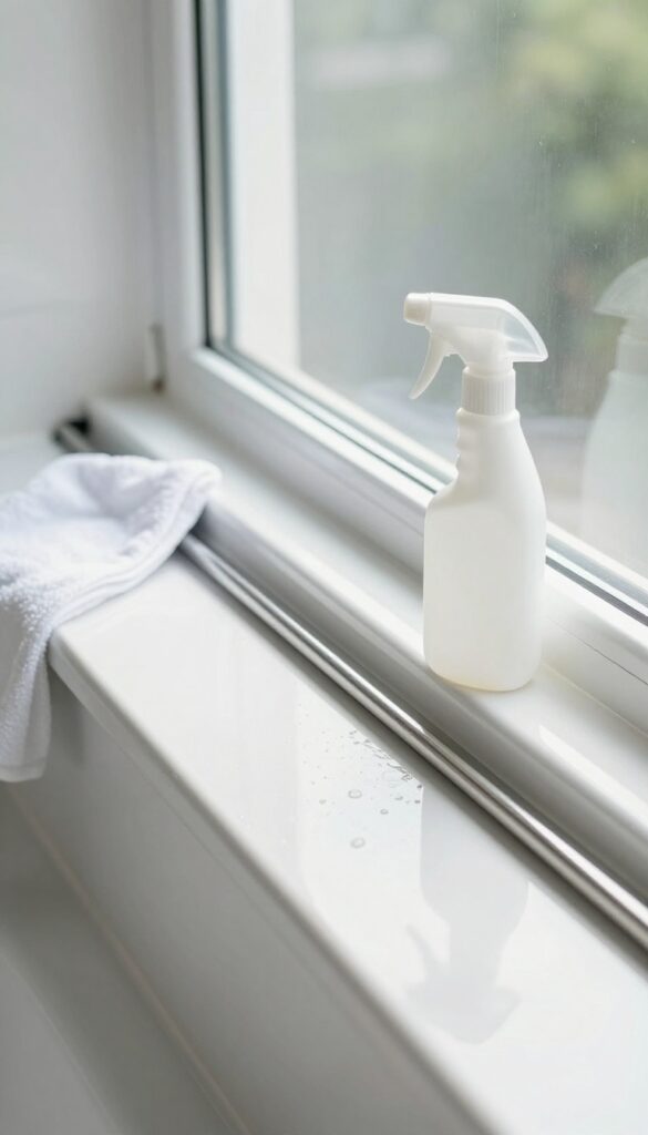 Clean bathroom window sill and track with cleaning supplies