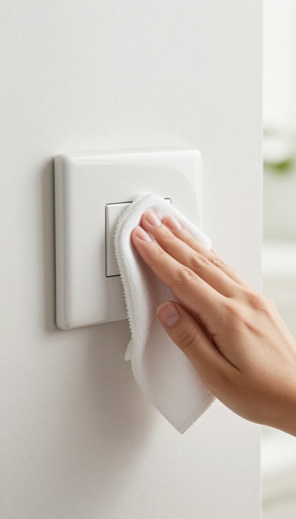 Hand sanitizing a light switch with a microfiber cloth in a bright bedroom