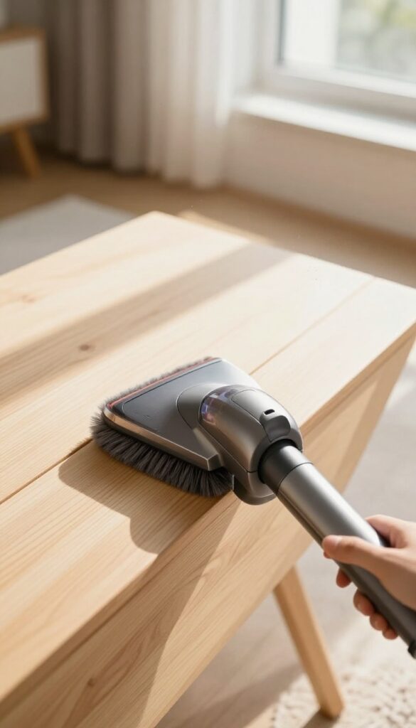 Hand vacuuming wooden blinds with brush attachment in bright natural light