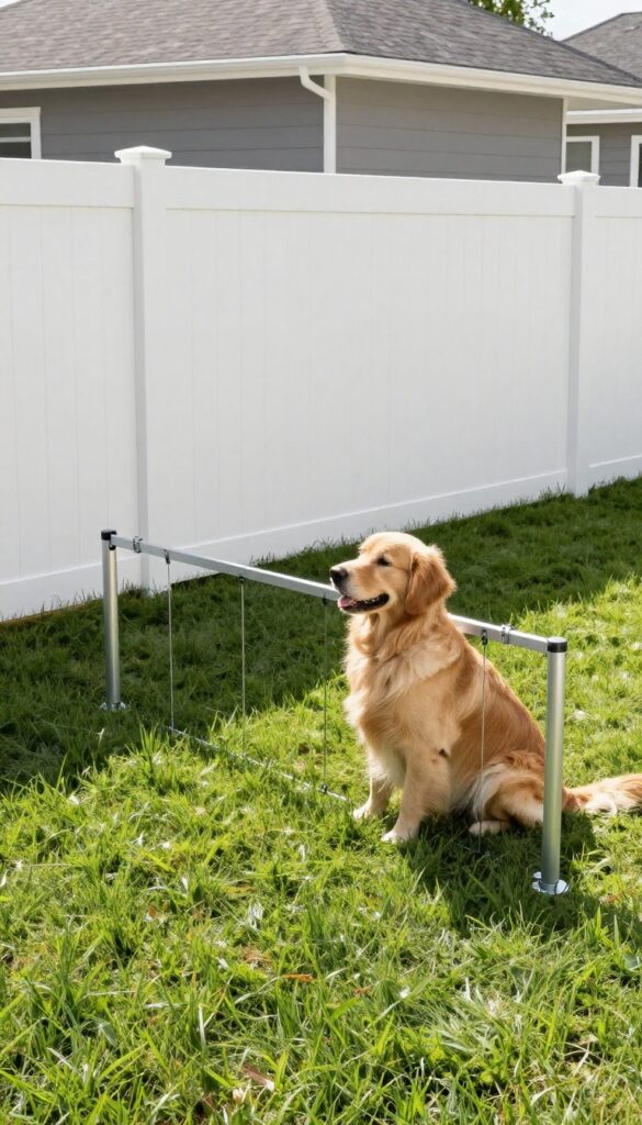 White vinyl fence with reinforced rails enclosing a backyard dog run, with a dog sitting inside, photorealistic bright natural light