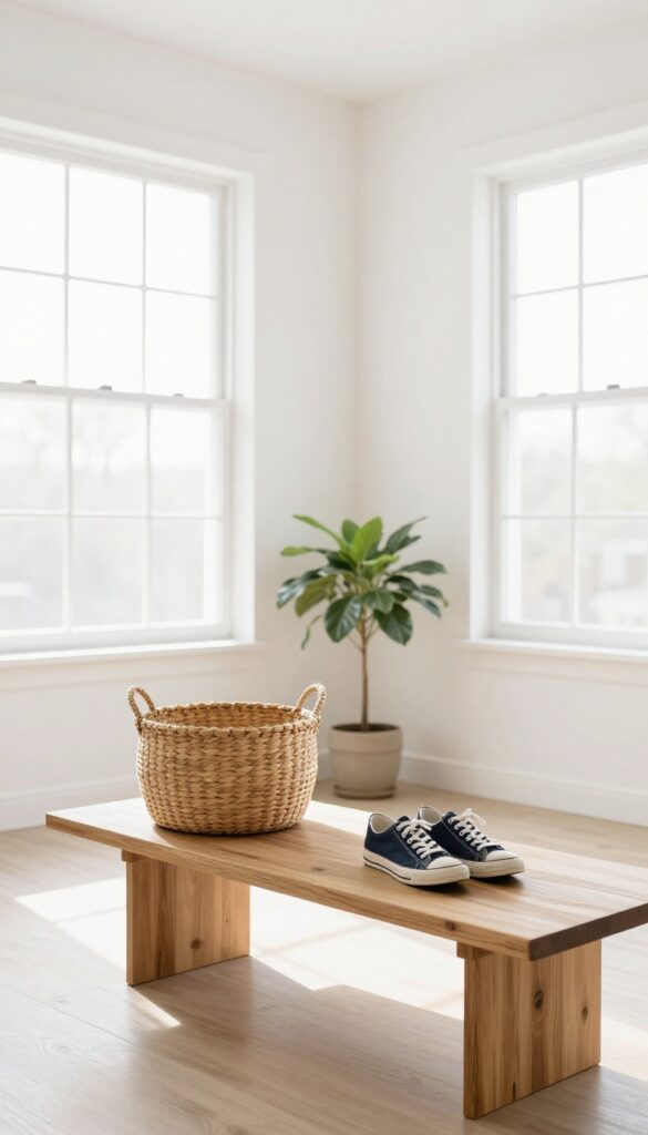 A clean living room with a donation basket containing one pair of sneakers, representing the 30-day declutter challenge.