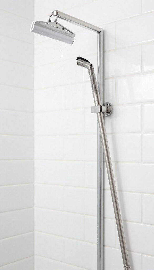 Squeegee hanging on a hook in a clean shower with glossy tiles and natural light