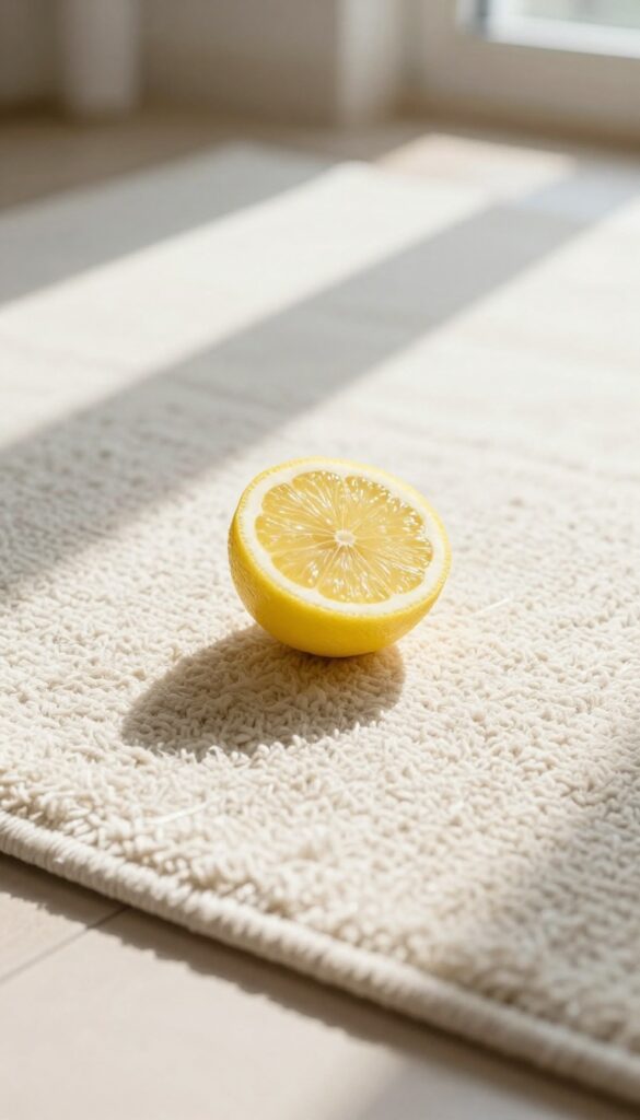 Close-up of a light rug with a lemon slice in sunlight, illustrating a natural brightening hack.