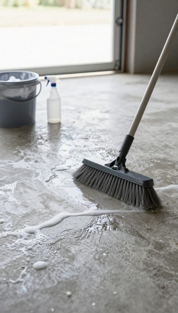 Cleaning concrete garage floor with degreaser and push broom
