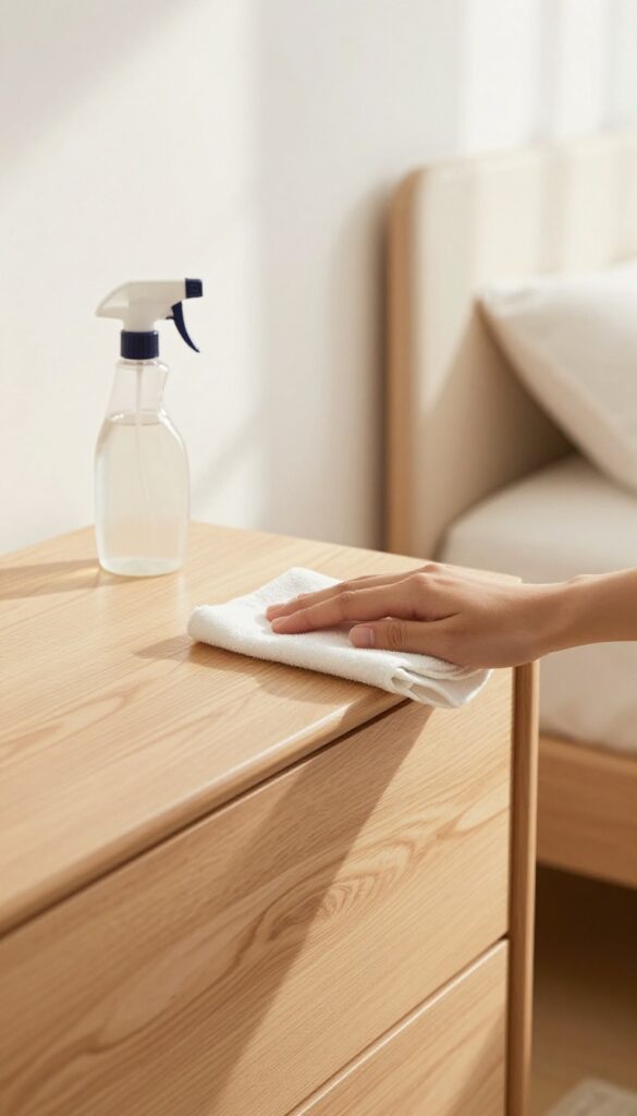 Hand wiping a wooden dresser with a microfiber cloth in a bright, clean bedroom