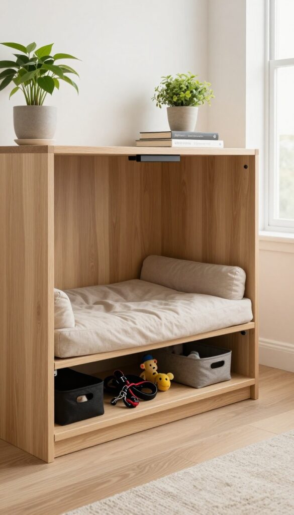 Custom cabinet dog bed seamlessly integrated into living room cabinetry with storage for pet supplies