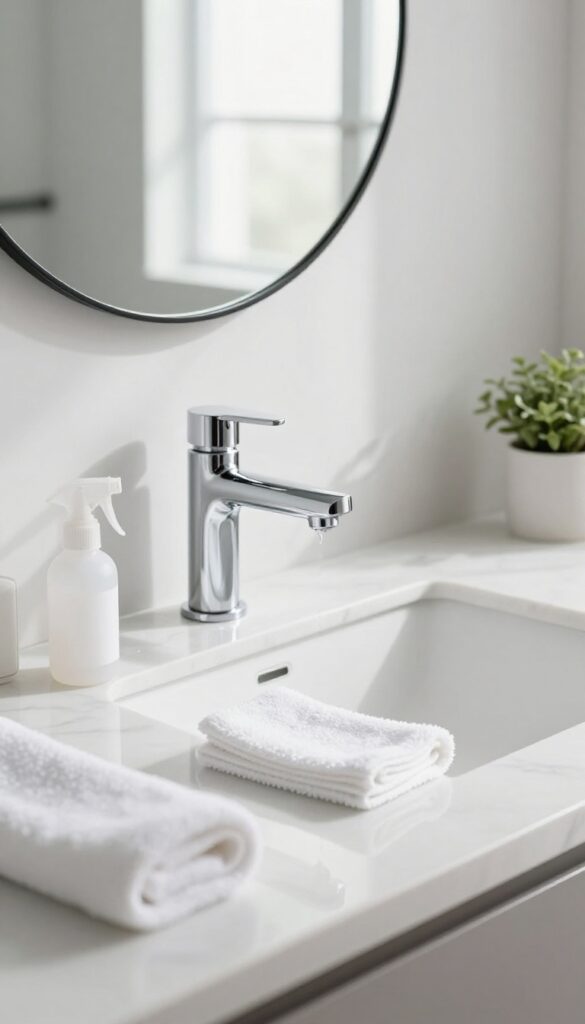 Clean bathroom countertop with microfiber cloth and spray bottle for daily wipe