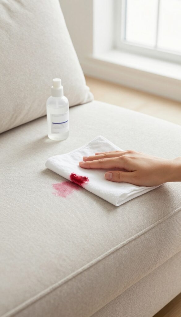 Cleaning a red wine stain on a light fabric couch with hydrogen peroxide and a white cloth
