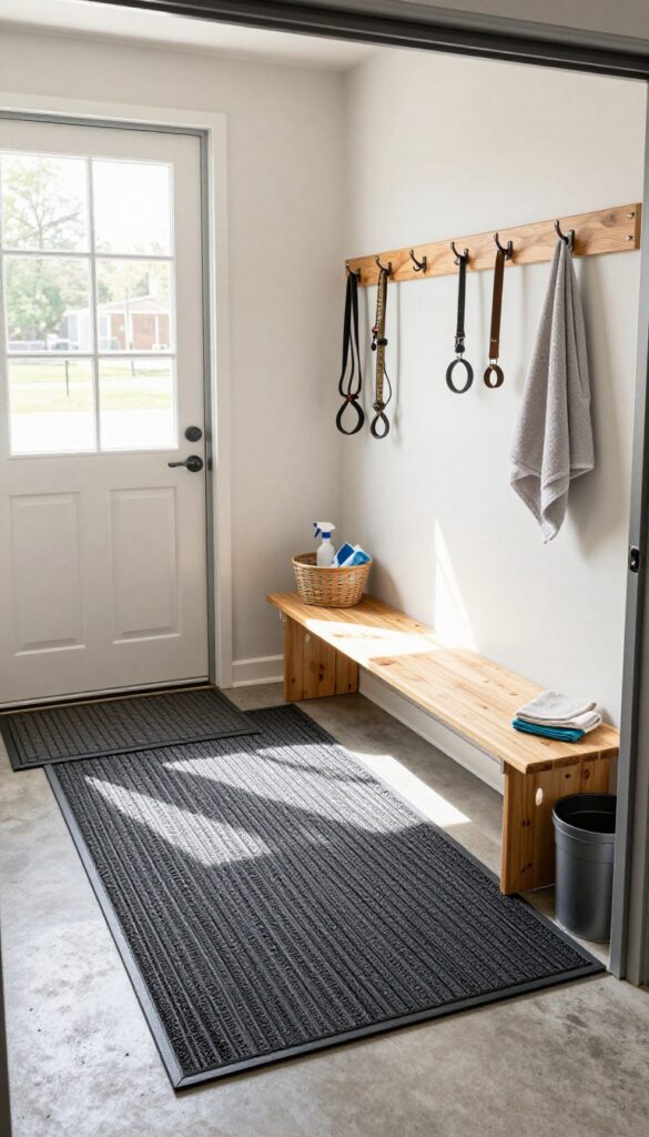 Mudroom-style entry with mats, hooks, bench, and cleaning supplies between garage kennel and house