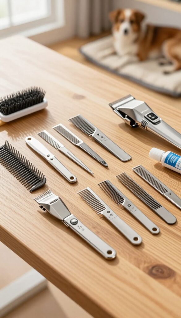A set of snap-on comb attachments for dog clippers arranged on a wooden table with natural light and grooming accessories.