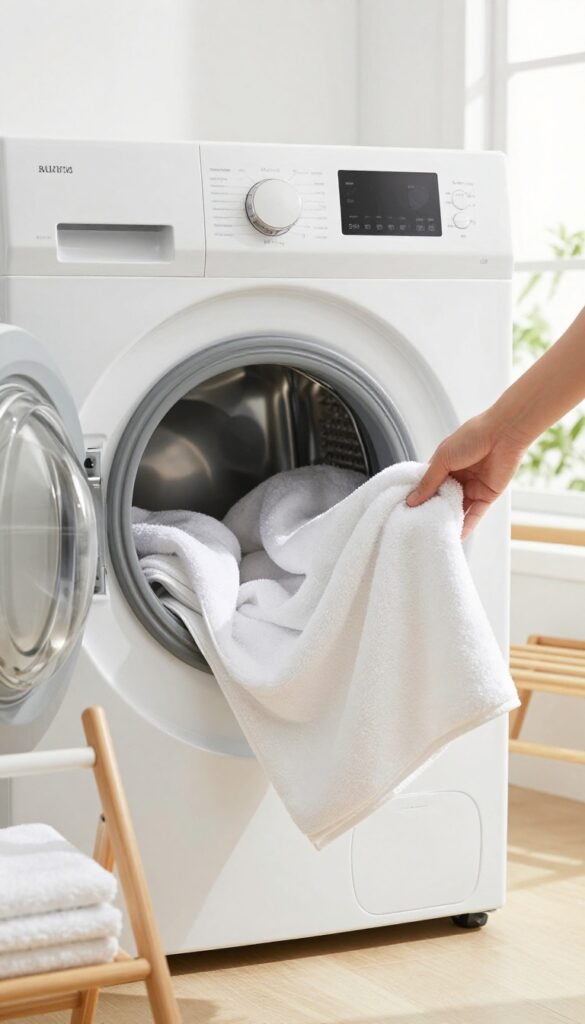 Hand removing a damp towel from dryer on low heat setting in bright laundry room
