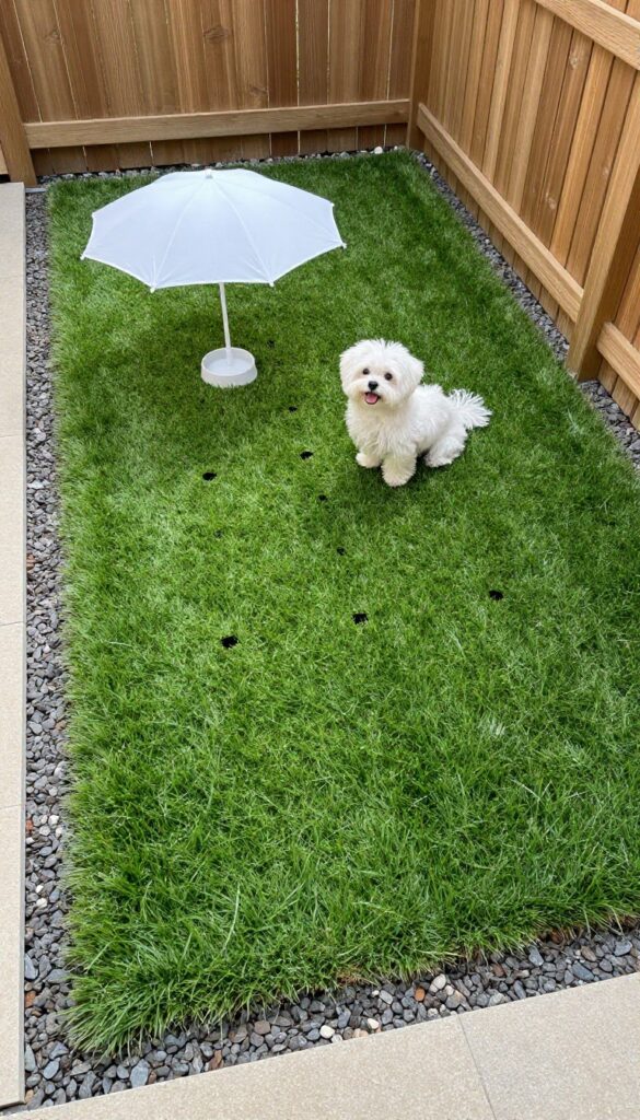 Small dog sitting on a clean artificial turf patch with drainage, surrounded by backyard greenery and a shade umbrella.