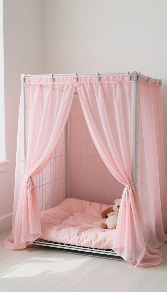 Pastel pink dog crate with sheer canopy cover in a bright, cozy home pet corner