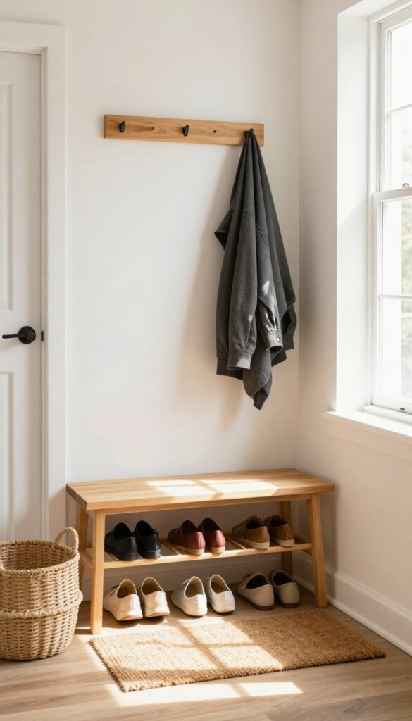 Clean and organized entryway with shoe rack, bench, and coat hooks in natural light