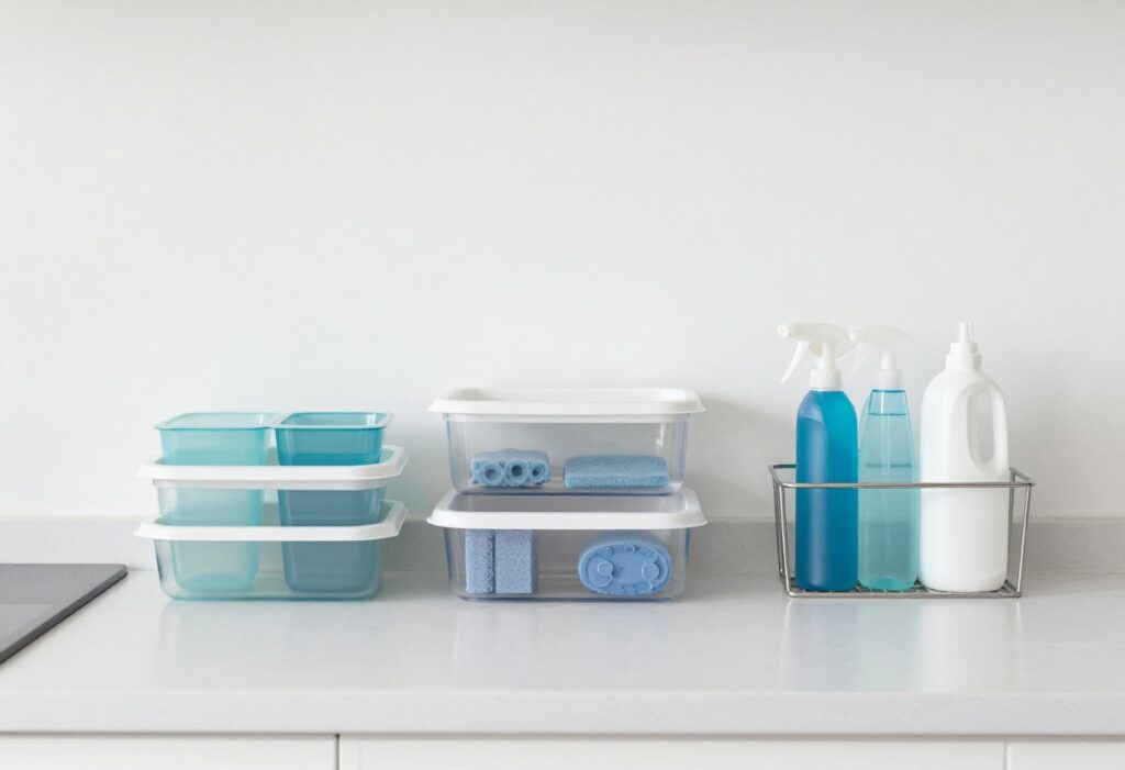 Organized cleaning supplies in clear containers and a caddy on a kitchen counter