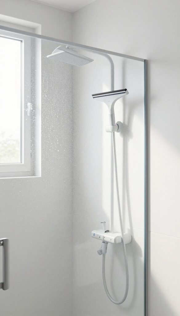 A squeegee hanging on a hook inside a clean shower with glass walls and white tiles
