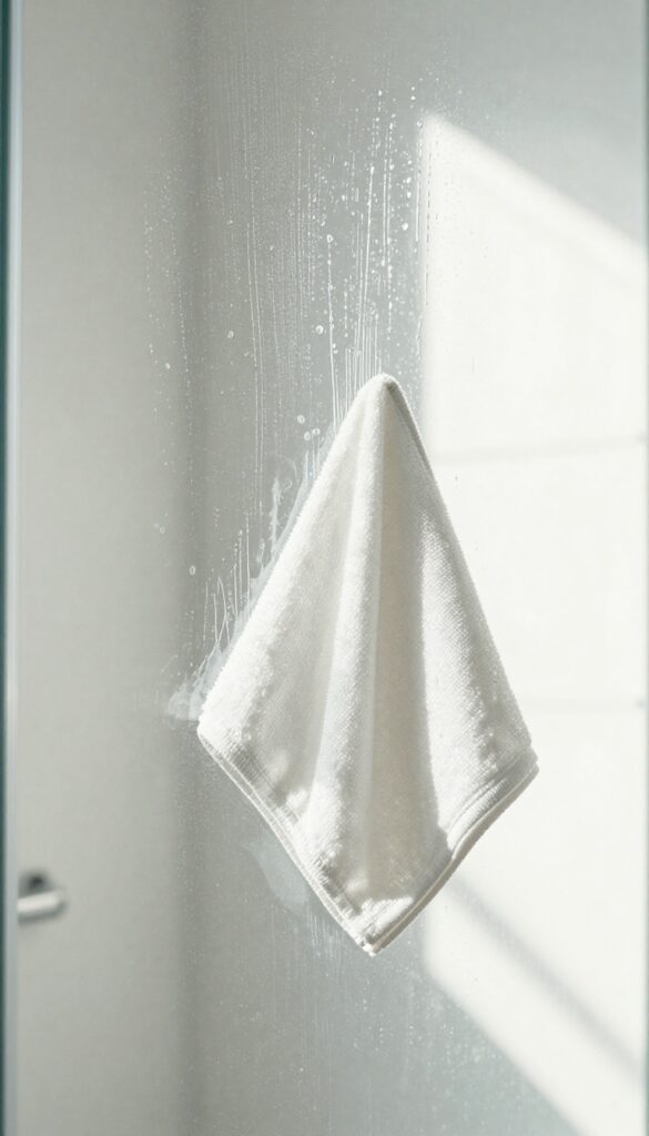 Person wiping a glass shower door in a Z-pattern with a microfiber cloth for a streak-free shine