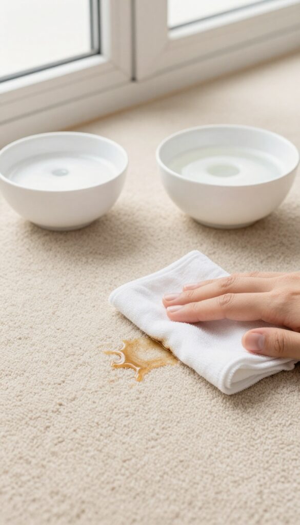 Cleaning a grease stain on carpet with dish soap and warm water
