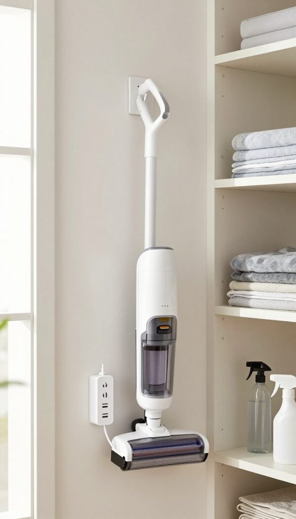 A power strip mounted inside a cleaning supply closet, charging a cordless vacuum.