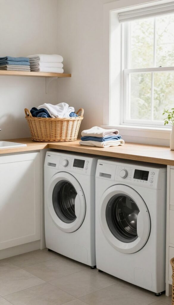 A bright laundry room with a washing machine, dryer, and neatly folded laundry in baskets, illustrating the Laundry Day Split cleaning schedule idea.