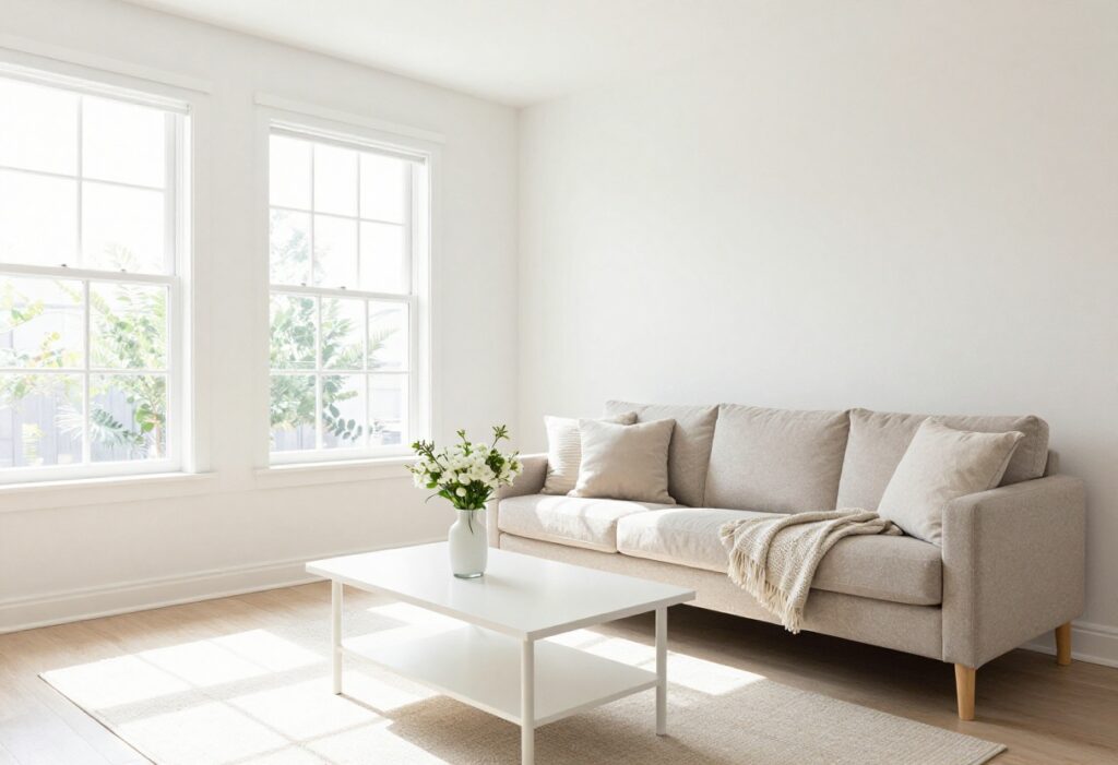 A clean and organized living room with sunlight, a coffee table with flowers, and a folded blanket on the sofa.