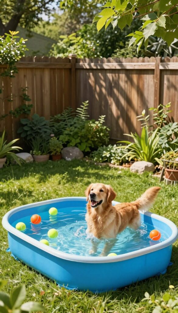 Golden retriever splashing in a kiddie pool in a sunny backyard