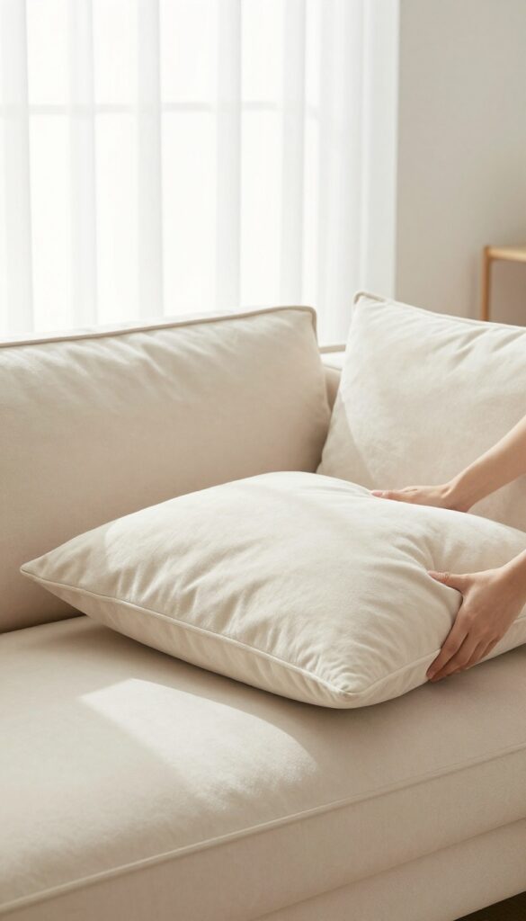 Hands fluffing a beige couch cushion to maintain shape in a bright living room.