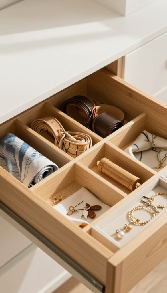 Organized drawer with bamboo dividers holding belts, scarves, and jewelry