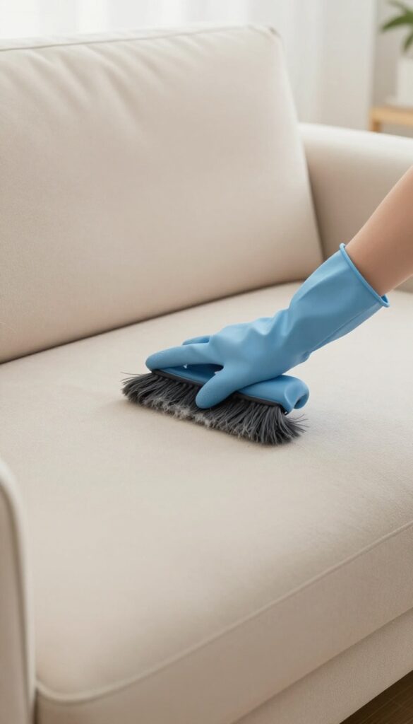 Hand in damp rubber glove removing pet hair from a beige microfiber couch