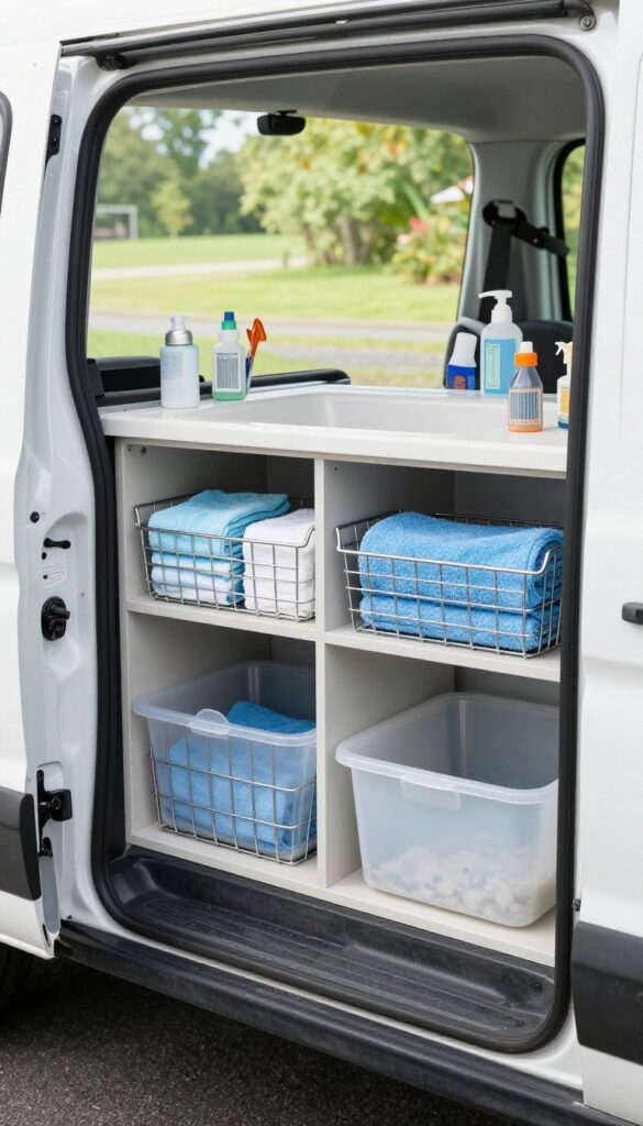Under-sink pull-out bins in a mobile dog grooming van for organized storage